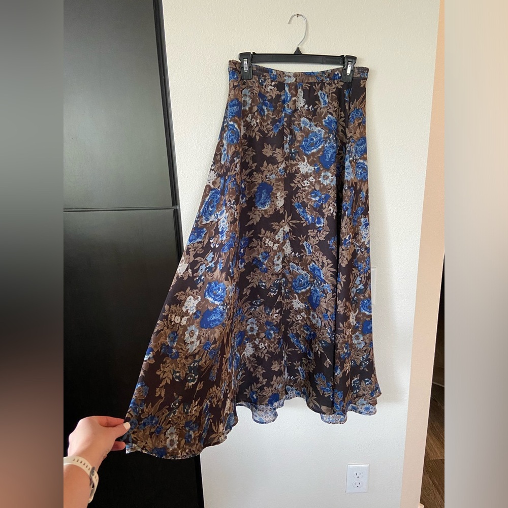 REVERSIBLE flowy floor length skirt, pale blue and brown floral print